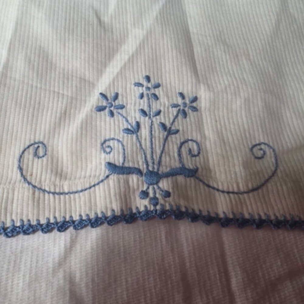Mystery Vintage Off-White Cotton Window Shade w/Blue Embroidered Flowers & Trim